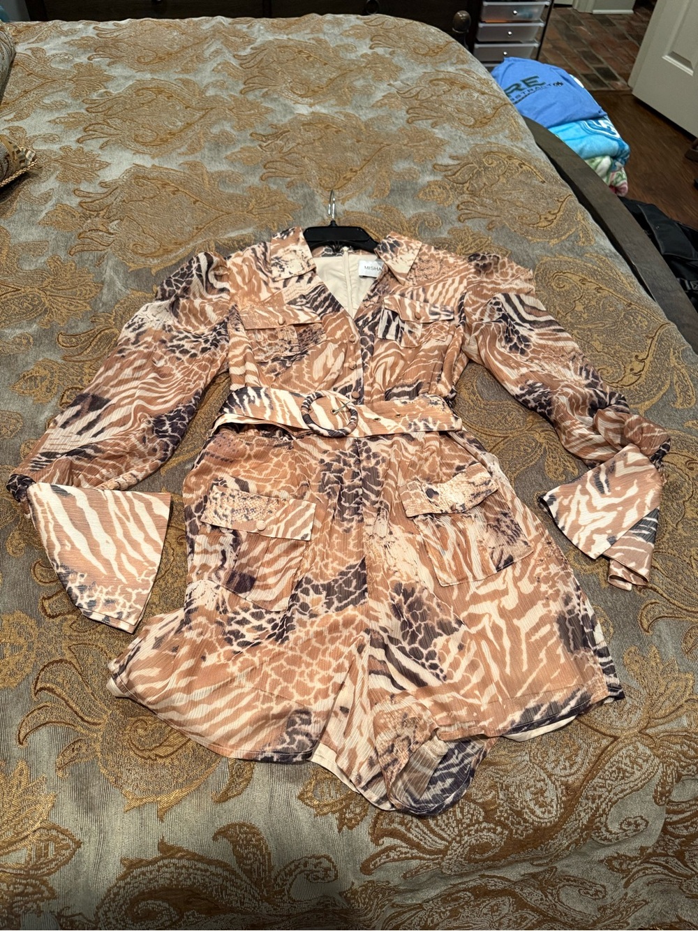 Size 6 Mishka Animal-Print Trench Romper Jacket in Beige and Brown